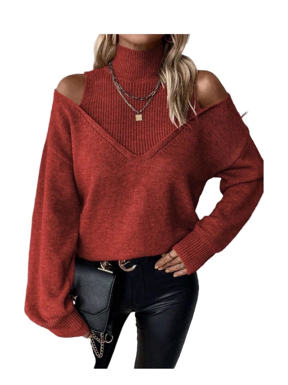 Cold-Shoulder Ribbed Turtleneck Sweater - Rust - Picture 3 of 3